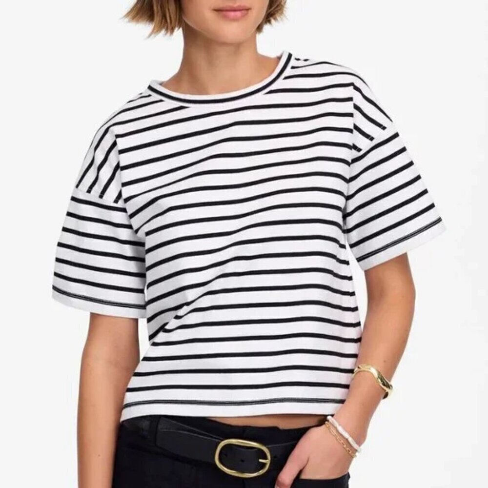 Madewell Everyday Boxy Crop Tee White Black Stripes Size Xxs Nwt